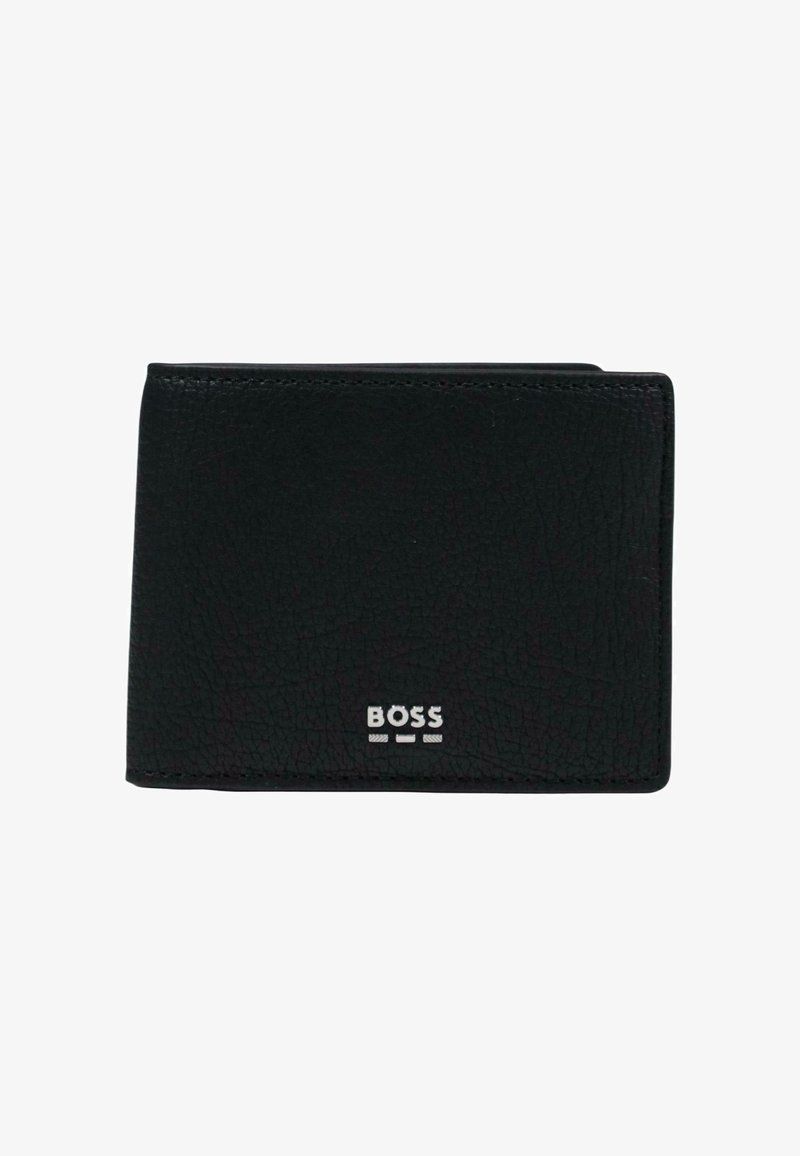 Portefeuille bifold en cuir noir texturé avec logo "BOSS" argenté centré sur le devant, sur fond blanc.