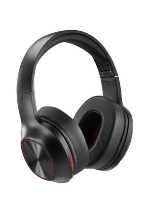 Over-ear headphones featuring a matte black finish with red accents, cushioned ear cups, adjustable headband, and circular logo on the side.