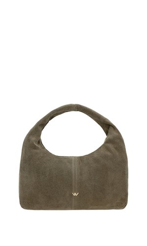 Bolso de hombro de ante verde oliva con un asa redondeada y pequeño logo dorado con alas en el centro frontal.