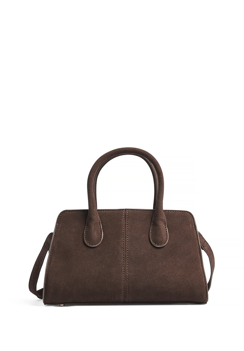 Borsa a tracolla in suede marrone con due manici arrotondati, forma rettangolare e tracolla rimovibile. Presenta dettagli di cucitura sul davanti.