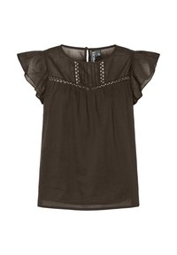 Blusa leggera color marrone con maniche corte a balze. Presenta tessuto arricciato e dettagli ricamati lungo la spalla e il colletto.