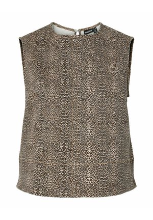 Haut sans manches pour femme avec motif léopard marron et noir, encolure ronde et fermeture à boutons dans le dos.