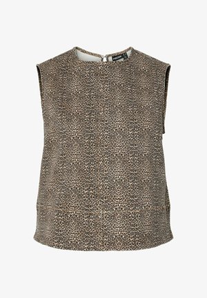 Top sin mangas para mujer con estampado de leopardo en tonos marrón y negro, cuello redondo y cierre de botones en la espalda.