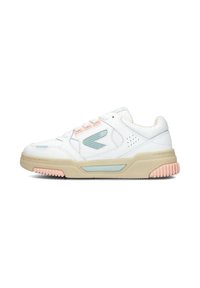 White low-top sneaker with beige sole, pastel blue and pink accents, side logo, and textured collar padding, shown in profile view.