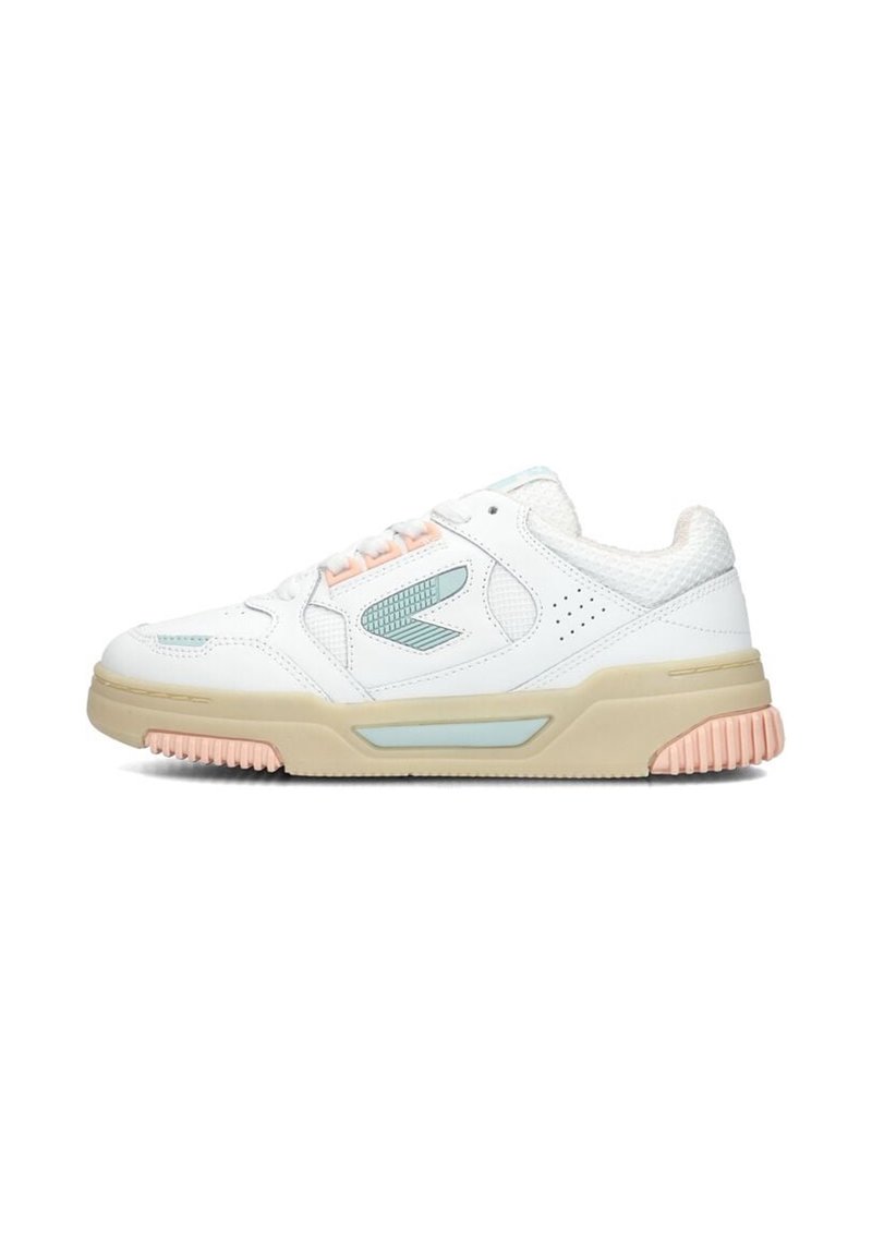 White low-top sneaker with beige sole, pastel blue and pink accents, side logo, and textured collar padding, shown in profile view.