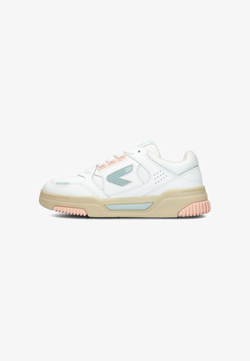 White low-top sneaker with beige sole, pastel blue and pink accents, side logo, and textured collar padding, shown in profile view.