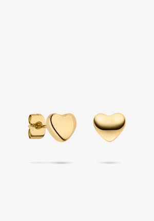Herzförmige Ohrstecker in Goldfarbe mit polierter Oberfläche, ausgestattet mit sicherem Verschluss und glatter, glänzender Textur.