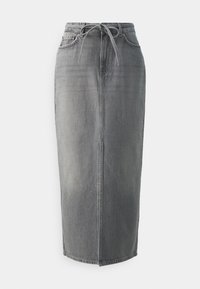 Grå denimskjørt med høy midje, frontlisse-detalj og rett silhuett. Har en enkel bakseam og kne-lengde design.