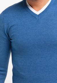 Maglione blu a scollo a V realizzato in un morbido tessuto testurizzato. Presenta un colletto interno bianco a contrasto, un design aderente e maniche lunghe.
