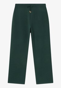 Ciemnozielone spodnie o szerokich nogawkach z paskiem na sznurki i złotymi metalowymi końcówkami, pokazane na jednolitym białym tle.