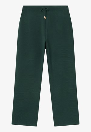 Donkergroene wijde broek met een elastische tailleband en gouden metalen tips, weergegeven op een effen witte achtergrond.