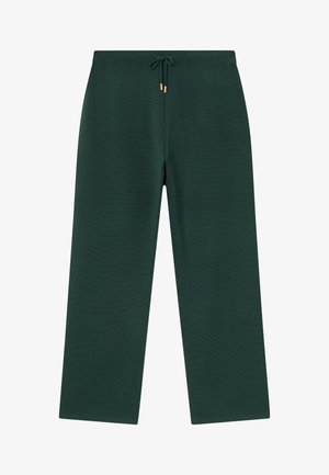 Donkergroene wijde broek met een elastische tailleband en gouden metalen tips, weergegeven op een effen witte achtergrond.