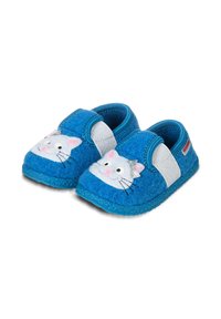 Niebieskie filcowe kapcie o zaokrąglonym kształcie, z motywem twarzy kota z białymi detalami, srebrnymi akcentami i elastyczną opaską zapewniającą pewne dopasowanie.