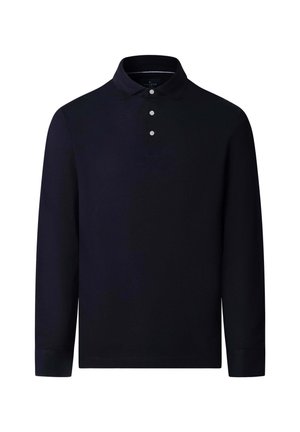 Polo à manches longues marine en tissu doux, avec un col classique, une patte de boutonnage à trois boutons et des manches à poignets.