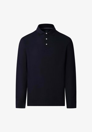 Polo a maniche lunghe blu navy realizzato in tessuto morbido, dotato di colletto classico, patta con tre bottoni e maniche con polsini.
