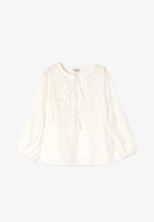 Biała bluzka z długim rękawem z kwiatowym haftem, wiązaniem z frędzlami przy okrągłym dekolcie oraz elastycznymi mankietami.