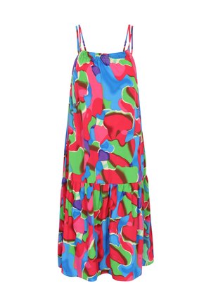 Színes, ujjas, laza szabású ruha, élénk vörös, kék, zöld és lila mintával, és réteges fodros aljjal.