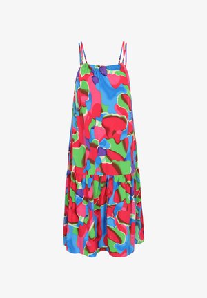 Kolorowa, bezrękawnikowa sukienka o luźnym kroju, zdobiona żywym wzorem w kolorach czerwonym, niebieskim, zielonym i fioletowym, z falbaną u dołu.
