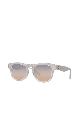 Sonnenbrille mit klarem Gestell und runden Farbverlaufgläsern, die von Hellbraun zu Grau übergehen.
