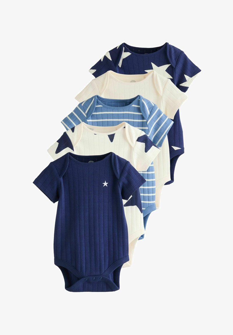 Fünf kurzärmelige Babybodys in Navy, Creme und Blau mit Stern- und Streifenmustern, überlappend in einem vertikalen Stapel angeordnet.