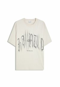 Kremowa bawełniana koszulka z krótkim rękawem, charakteryzująca się wyrazistym, czarnym napisem w stylu graffiti z gradientami oraz okrągłą grafiką. Projekt z okrągłym dekoltem.