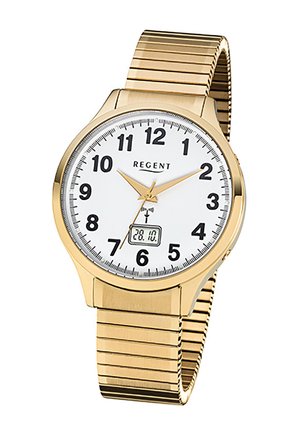 Gold wristwatch with white face, black numbers, analog hands, date display showing 28.10, and flexible metal band, brand name Regent.