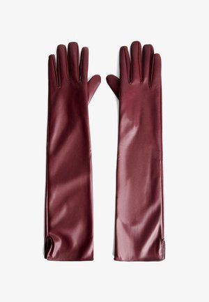 Bordeauxrode leren ellebooglange handschoenen met een gladde textuur, voorzien van nauwsluitende vingers en inkepingen bij de pols voor draaggemak.