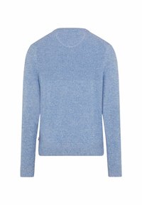 Helleblaue Pullover mit langen Ärmeln, strukturiertem Strickmuster, rundem Halsausschnitt und Rippdetails an den Schultern und dem Saum.