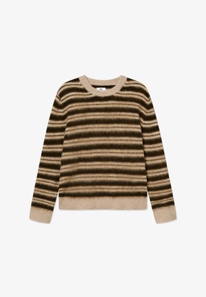 Gestreepte sweater in beige en donkerbruin, gemaakt van zacht materiaal, met een ronde halslijn en lange mouwen.