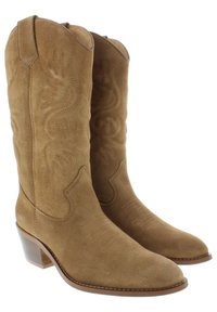 Brown suede cowboy boots with decorative stitching, a pointed toe, and a stacked heel. The shafts feature intricate patterns and a smooth finish.
