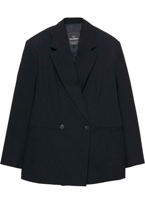 Blazer noir à rayures avec un devant croisé, des larges revers, deux boutons et des poches latérales. Le tissu a une texture lisse et structurée.