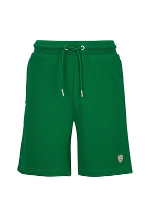 Grüne Freizeithose mit Kordelzugbund und kleinem beigem Logo-Patch in der Nähe des Saums am rechten Bein.