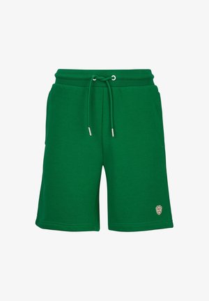 Groene casual shorts met trekkoord in de taille en een klein beige logo-label vlak bij de zoom aan de rechterkant.