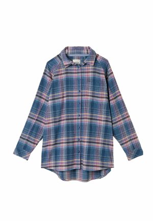 Karierte Hemdbluse in Blau, Pink und Weiß. Mit Kragen, langen Ärmeln und abgerundetem Saum. Hergestellt aus gewebtem Stoff.