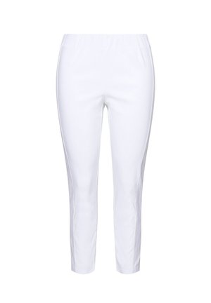 Valkoiset housut, joissa on joustava vyötärö, kapenevat lahkeet ja sivupaneelit, joissa on hienovarainen textura. Sileä kangas, polven puoliväliin ulottuva pituus.