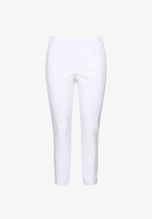 Pantaloni bianchi con vita elastica, gambe affusolate e pannelli laterali con una sottile texture. Tessuto liscio, lunghezza fino al polpaccio.