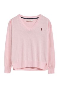 Pink v-neck sweater made of soft fabric, featuring long sleeves, ribbed cuffs and hem, with a small maroon logo on the chest.