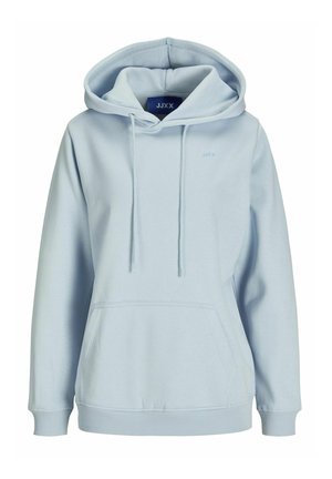 Felpa leggera blu chiaro realizzata in tessuto morbido, con un grande cappuccio, lacci e una tasca a marsupio frontale. Branding discreto sul petto.
