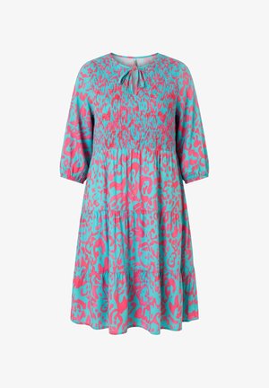 Blauw en roze abstract dierenprint gelaagde jurk met driekwart mouwen, geplooide taille en keyhole-solletjes met strikje aan de hals.