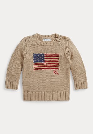 Jersey de bebé tejido en beige con patrón de la bandera estadounidense y las iniciales "RL" en el frente, con dos botones en el hombro izquierdo.