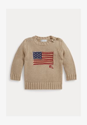 Jersey de bebé tejido en beige con patrón de la bandera estadounidense y las iniciales "RL" en el frente, con dos botones en el hombro izquierdo.