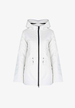 Chaqueta blanca con cremallera y capucha, con detalles en negro. Fabricada en un material suave, cuenta con bolsillos laterales y un corte entallado. Elementos ajustables.