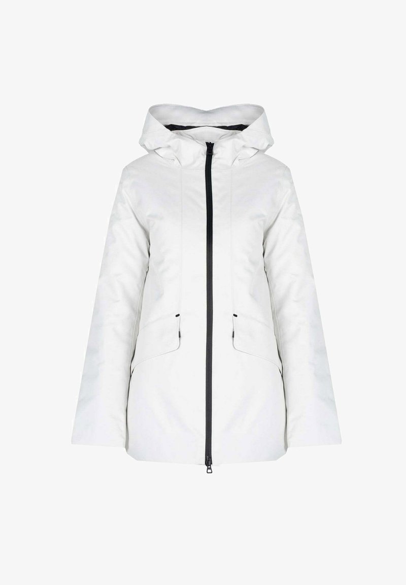 Giacca bianca con zip e cappuccio, con dettagli neri. Realizzata in materiale liscio, presenta tasche laterali e una vestibilità su misura. Elementi regolabili.