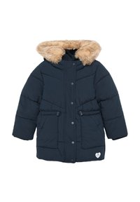 Marineblauwe gewatteerde jas met een met bont gevoerde capuchon, gewatteerd patroon, drukknoopsluiting, twee zijzakken en een wit hartlogo.