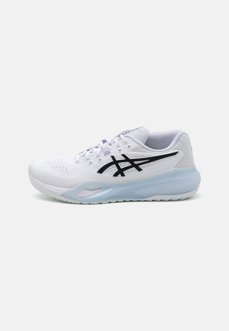 White athletic shoe with black logo, mesh upper, and light blue textured sole. Features intricate perforations for ventilation.