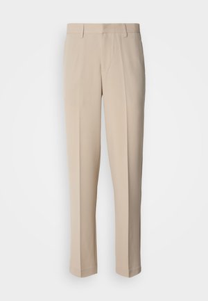 Beige skreddersydde bukser med rett snitt, laget av et glatt stoff. Har en flat front og standard midjebånd med beltehemper.