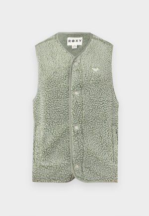 Groen fleece vest met een gestructureerd, pluizig oppervlak, voorzien van een V-hals, knoopsluiting en Roxy-logo aan de linkerkant.