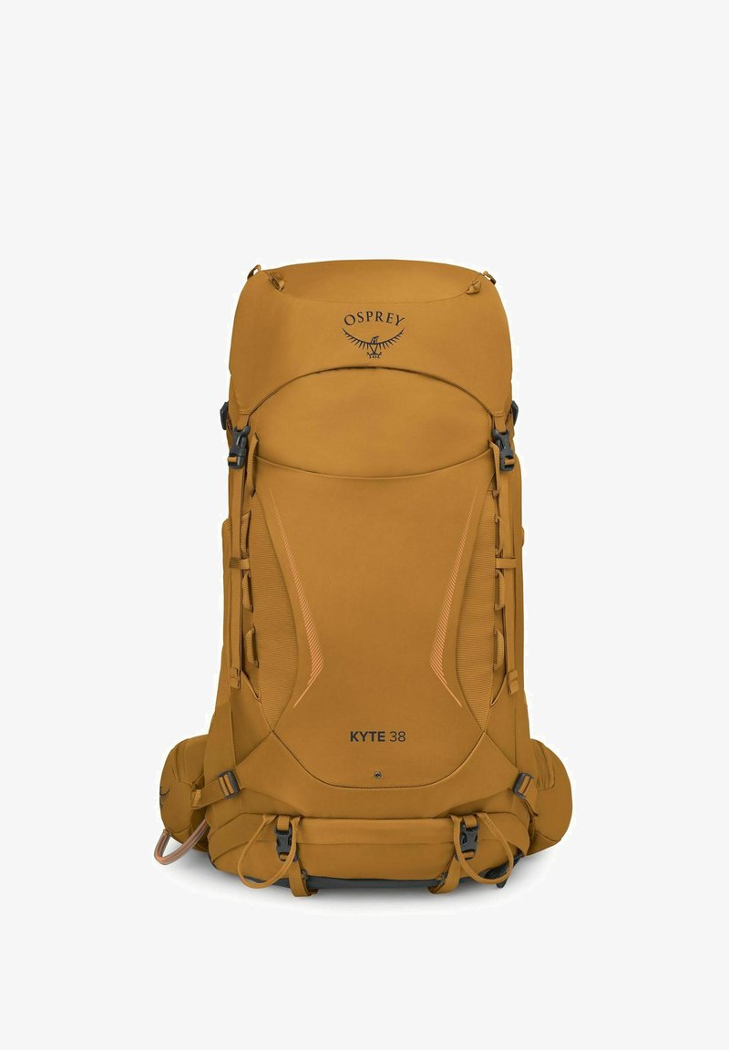 Sac à dos de randonnée Osprey Kyte 38 jaune moutarde avec plusieurs sangles, boucles et poches latérales vu de face.