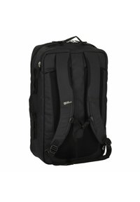 Sac à dos noir en tissu durable, équipé de bretelles rembourrées, d'une poignée supérieure et de plusieurs compartiments zippés pour le rangement.