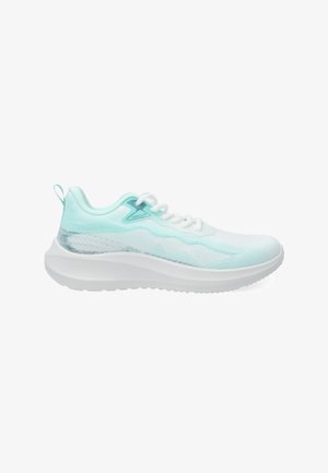 Chaussure de sport légère en maille vert menthe et blanche. Elle dispose d'une épaisse semelle blanche avec une texture antidérapante et d'une boucle au talon pour un enfilage facile.